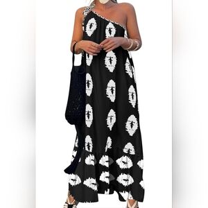 PRETTYGARDEN One Shoulder Maxi Dress Printed Flowy Boho Long Dress.